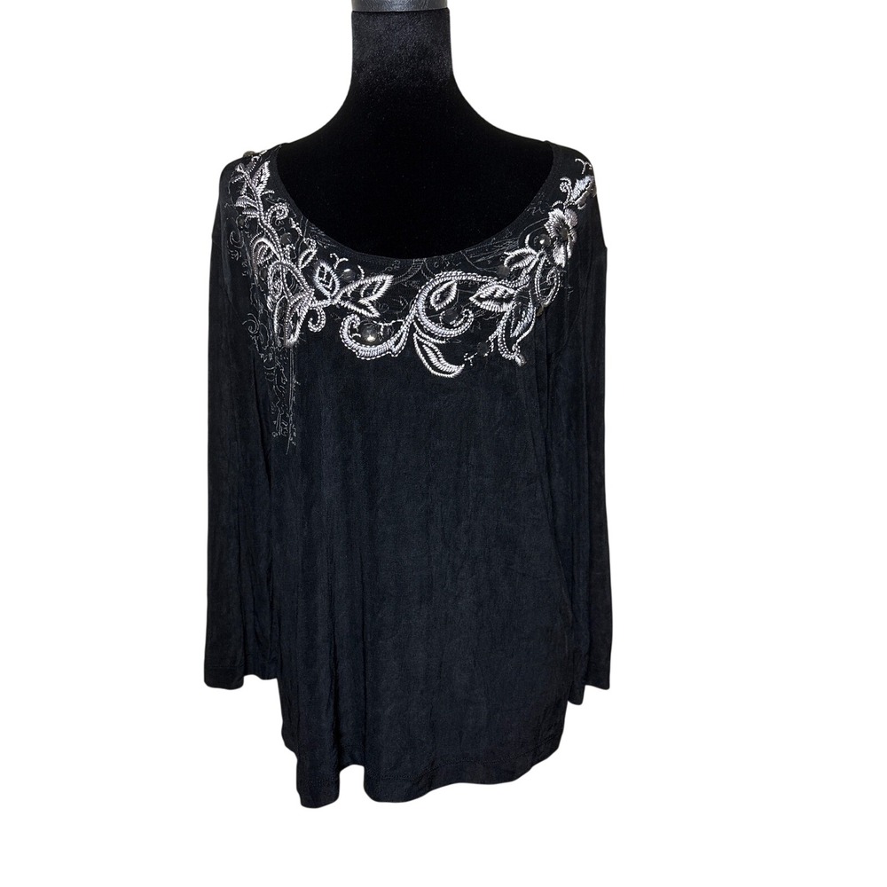 Chicos Travelers Black Silver Embroidered Jewel Scoop Neck Top‎ Size 2 L Large